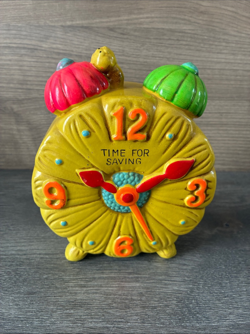 Vintage chalkware "Time for Saving" alarm clock piggy bank from the 1960s